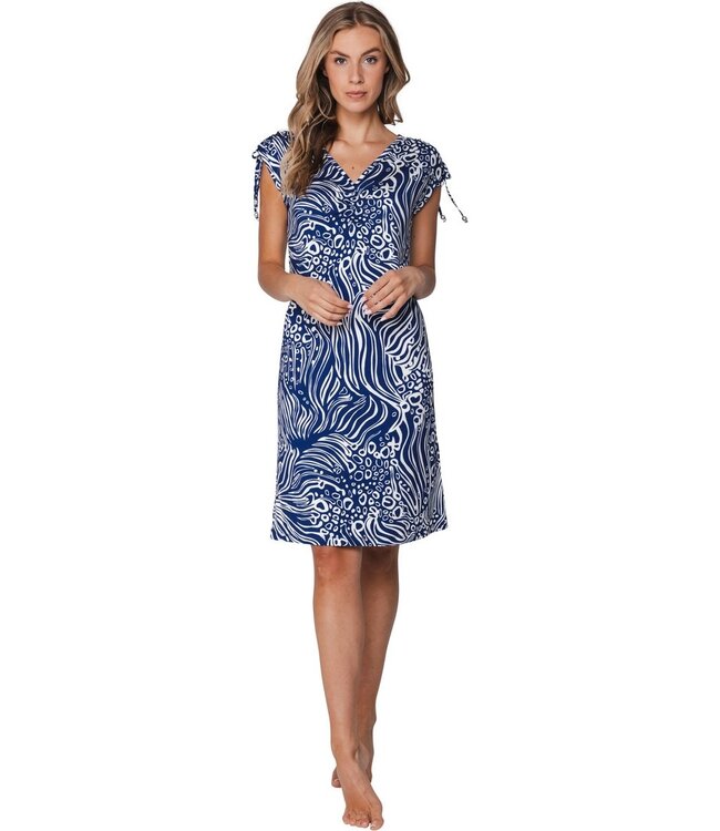 Blauwe dames strandjurk met V-hals en kap mouwen Ocean Wave