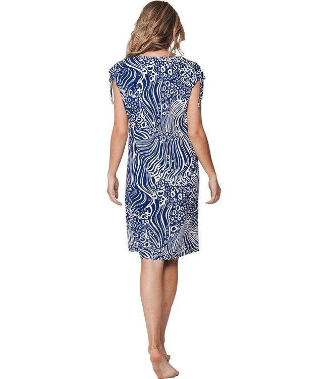 Blauwe dames strandjurk met V-hals en kap mouwen Ocean Wave