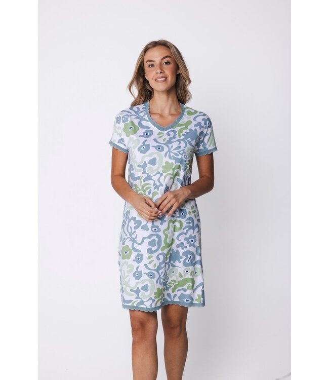 ladies short sleeve organic cotton nightdress with lace floral art