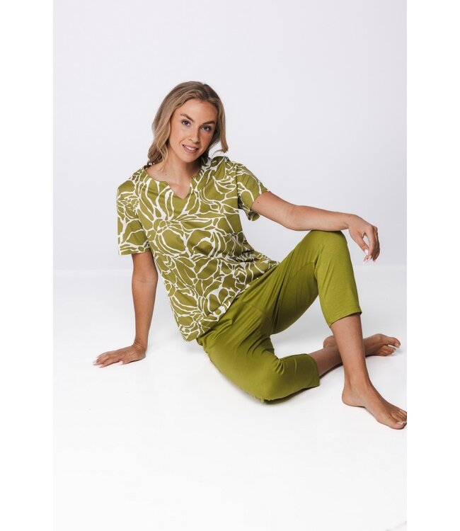 ladies short sleeve cotton-modalpyjama pretty green flower