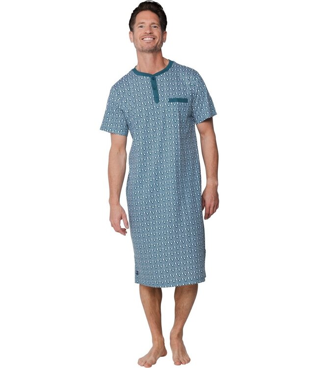 green short sleeve cotton nightdress with buttons geometric groove