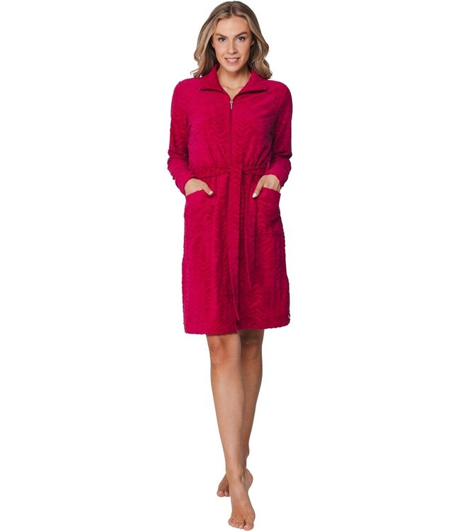 roze embossed badstof dames badjas met rits palm waves