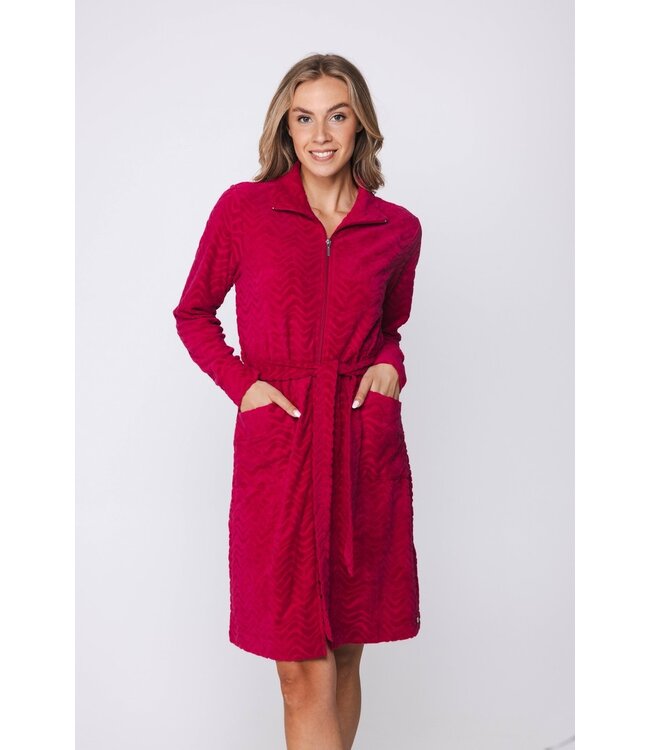 roze embossed badstof dames badjas met rits palm waves