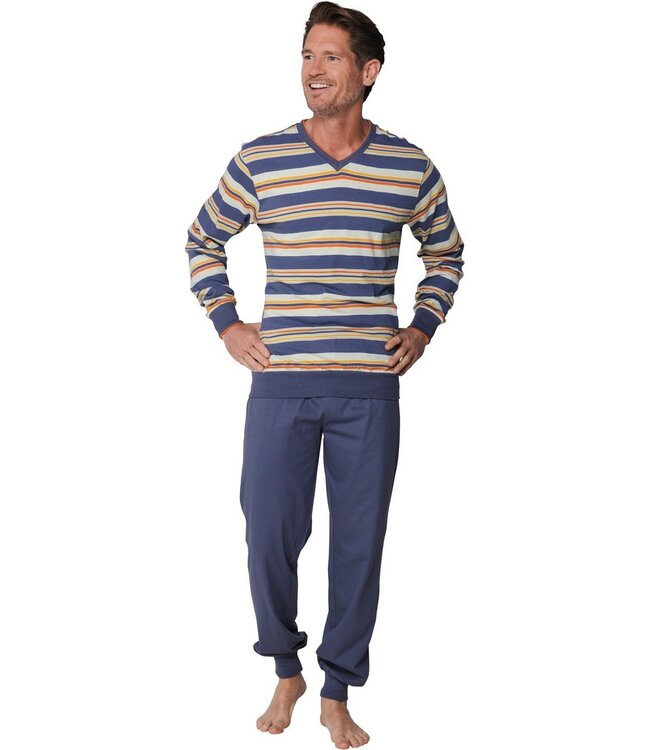 men's light grey 'v' neck cotton pyjama set with cuffs groovy stripes