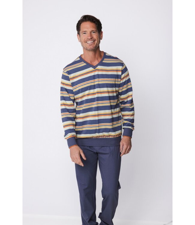 men's light grey 'v' neck cotton pyjama set with cuffs groovy stripes