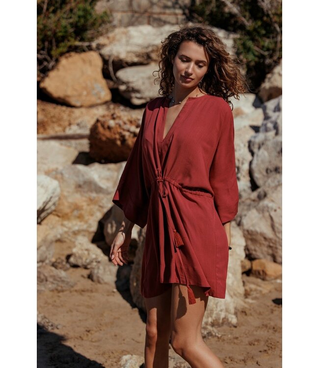 one size viscose cover-up ith 3/4 sleeves and tie bronze tan beach