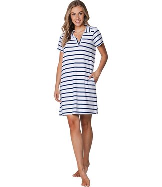 Rebelle Beach blue short sleeve v neck beach dress with collar sailor stripe
