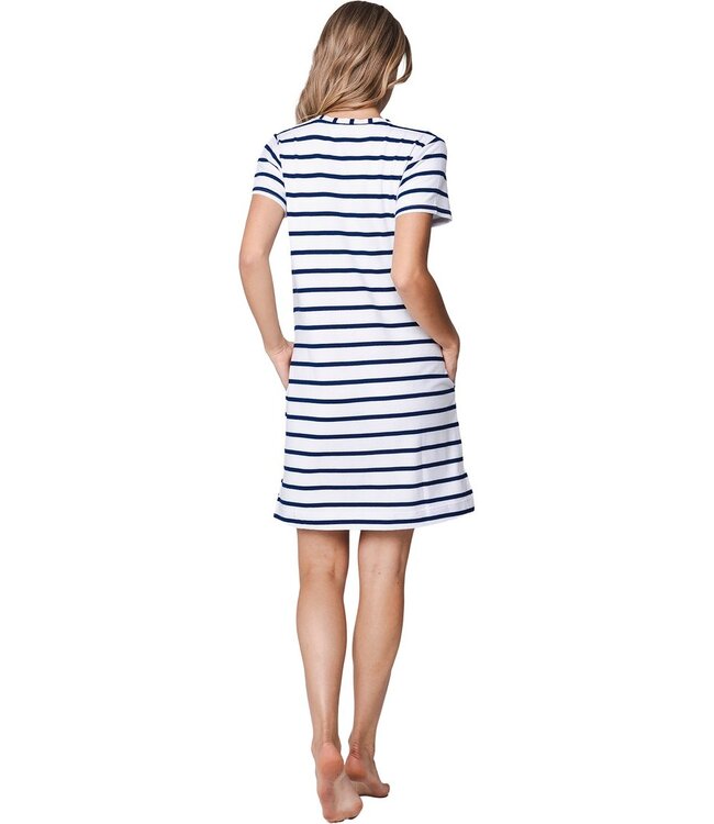 blue short sleeve v neck beach dress with collar sailor stripe