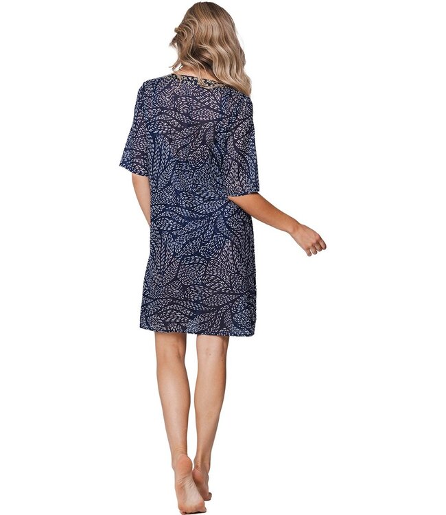 Donkerblauwe dames strand cover-up van geweven katoen Leafy Ocean