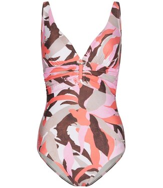 Pastunette Beach soft cup powernet deep v neck floral swimming costume paradise pink