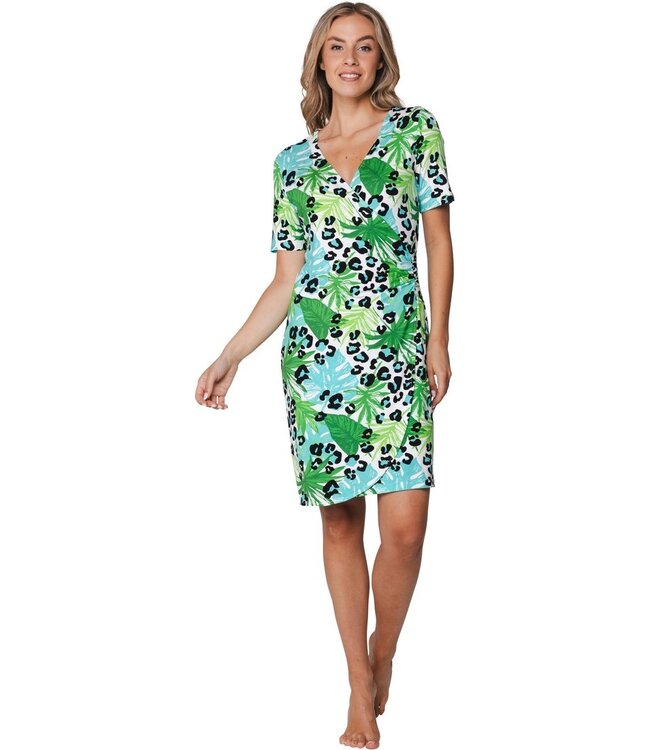 short sleeve v neck beachdress with gathered waist paradise island