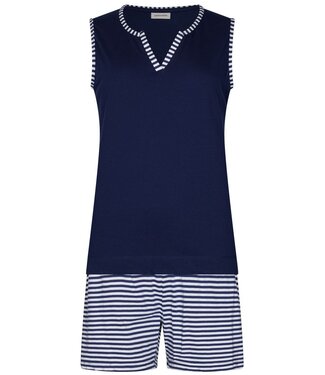Pastunette marineblauwe biologisch katoenen mouwloze damesshorty set Stripey Blue