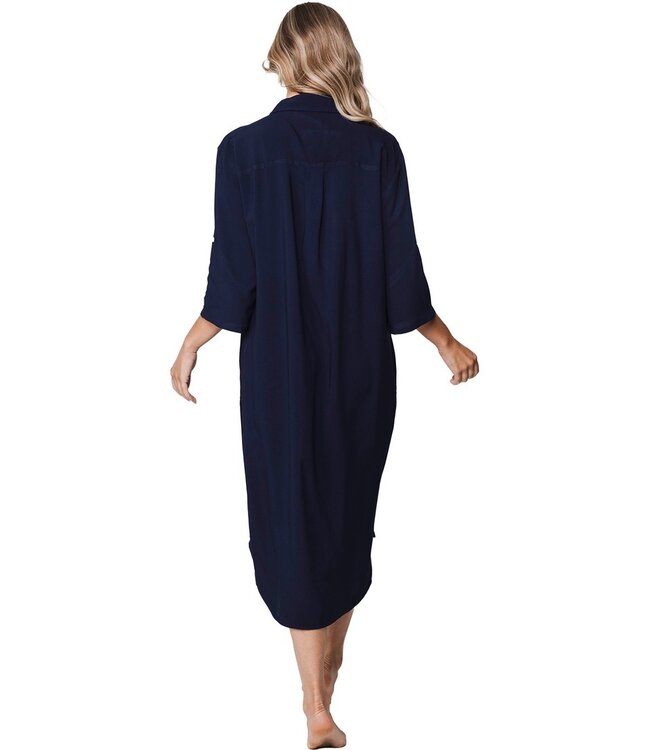 ladies dark blue extra long woven viscose beach shirt sunny day