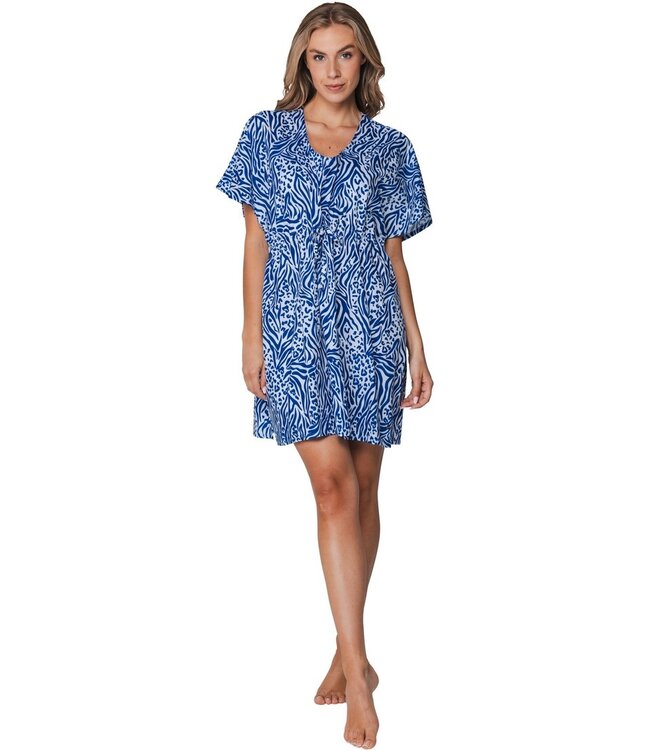blue woven viscose v-neck beach cover up with tie-waist true blue