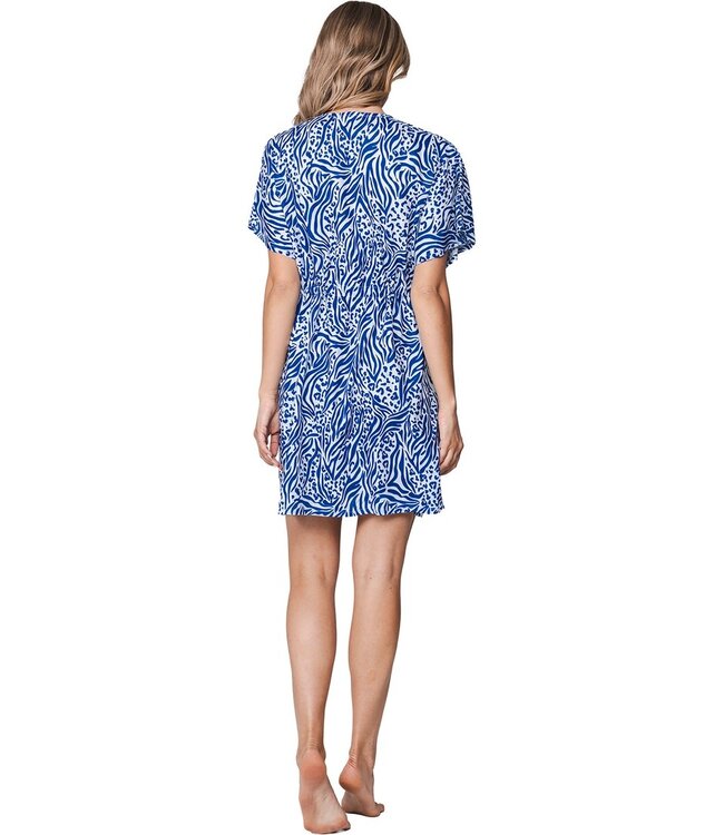 blue woven viscose v-neck beach cover up with tie-waist true blue