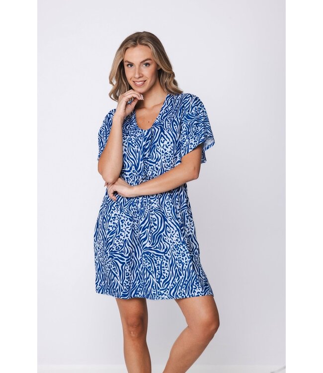 blauw viscose dames v-hals strand cover up met strikceintuur true blue
