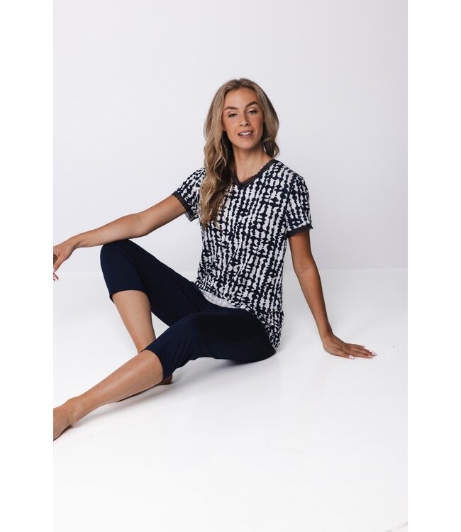 ladies blue luxury short sleeve viscose 3/4 pyjama set arty fashion