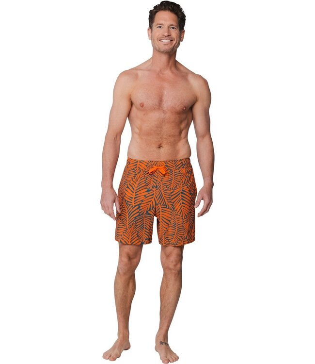 men's orange swim shorts with elasticated tie-waist groovy palm