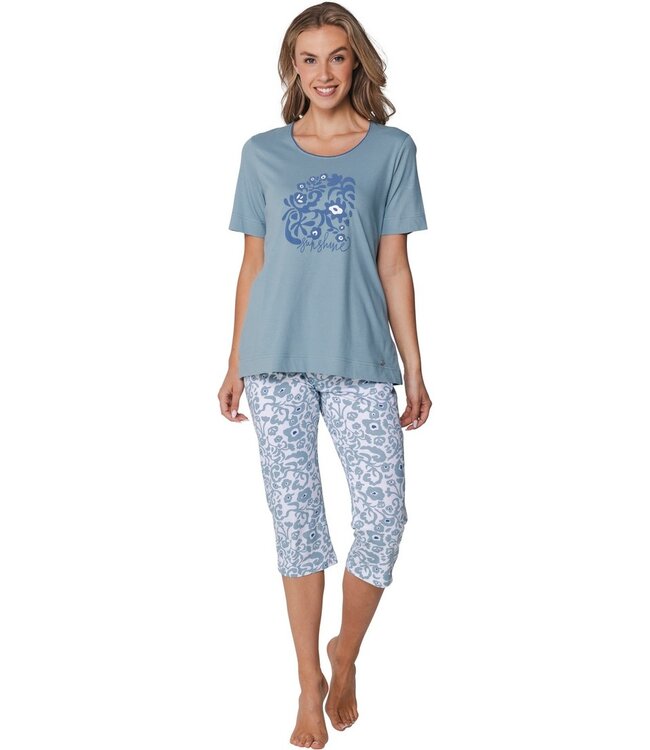 blauw biologisch katoenen 3/4 pyjama korte mouw Floral Art