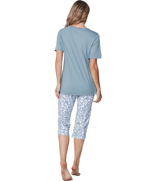 blue short sleeve organic cotton 3/4 pyjama floral art