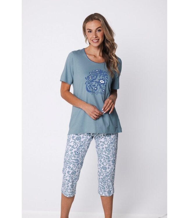 blue short sleeve organic cotton 3/4 pyjama floral art
