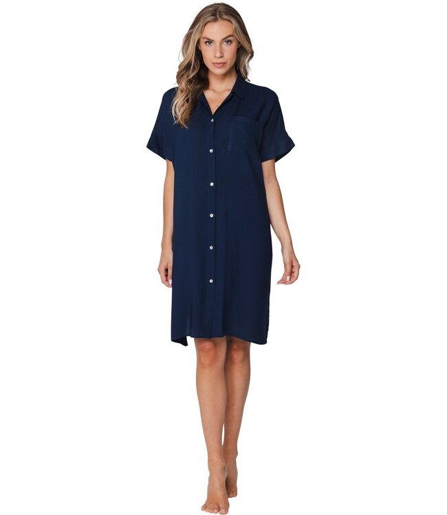 marine blue short sleeve full button woven beach shirt sunny day