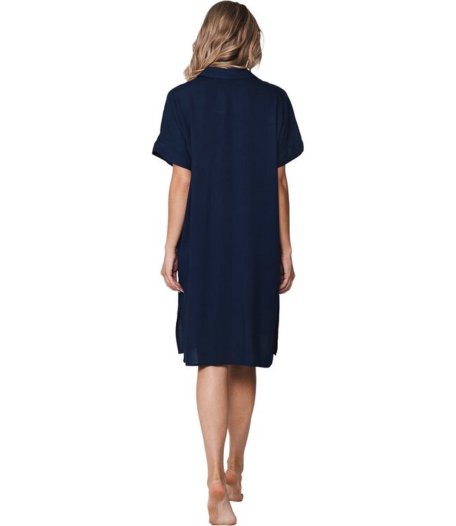 Marineblauwe strandshirt met korte mouwen en knoopsluiting Sunny Day