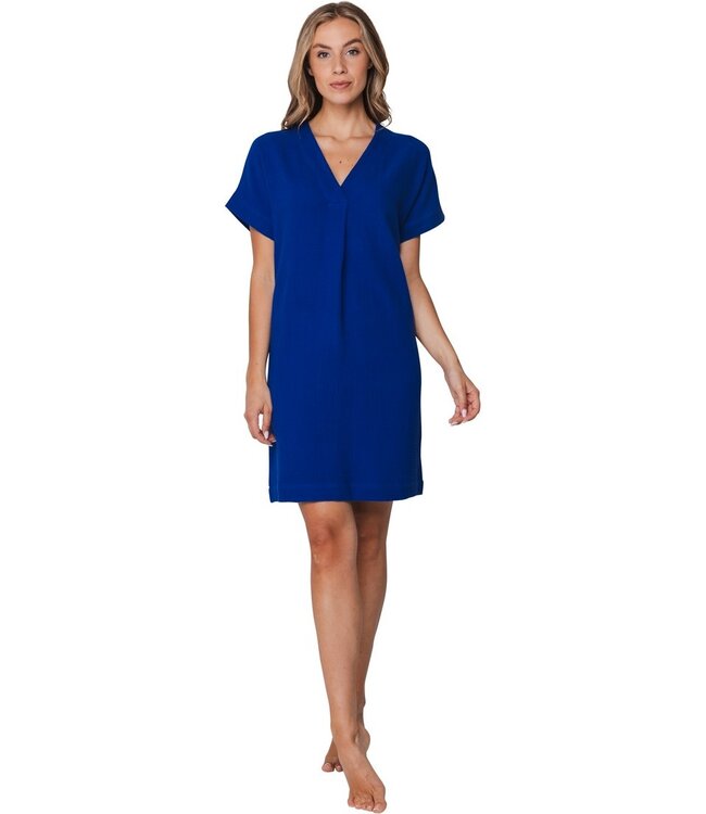 pretty blue short sleeve v neck cotton beachdress ocean blue