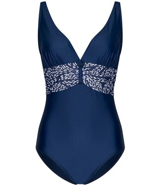 Pastunette Beach Donkerblauw badpak met diepe V-hals, soft cups en powernet Leafy Ocean