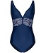 Donkerblauw badpak met diepe V-hals, soft cups en powernet Leafy Ocean