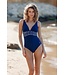 Donkerblauw badpak met diepe V-hals, soft cups en powernet Leafy Ocean