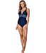 Donkerblauw badpak met diepe V-hals, soft cups en powernet Leafy Ocean