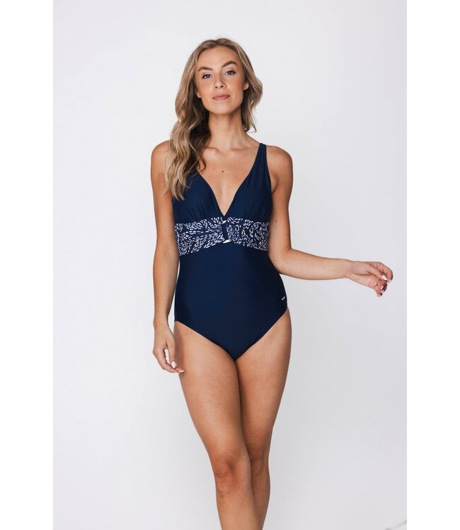 dark blue deep v neck soft cup powernet swimsuit leafy ocean