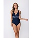 Donkerblauw badpak met diepe V-hals, soft cups en powernet Leafy Ocean