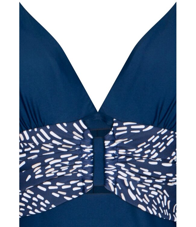 Donkerblauw badpak met diepe V-hals, soft cups en powernet Leafy Ocean