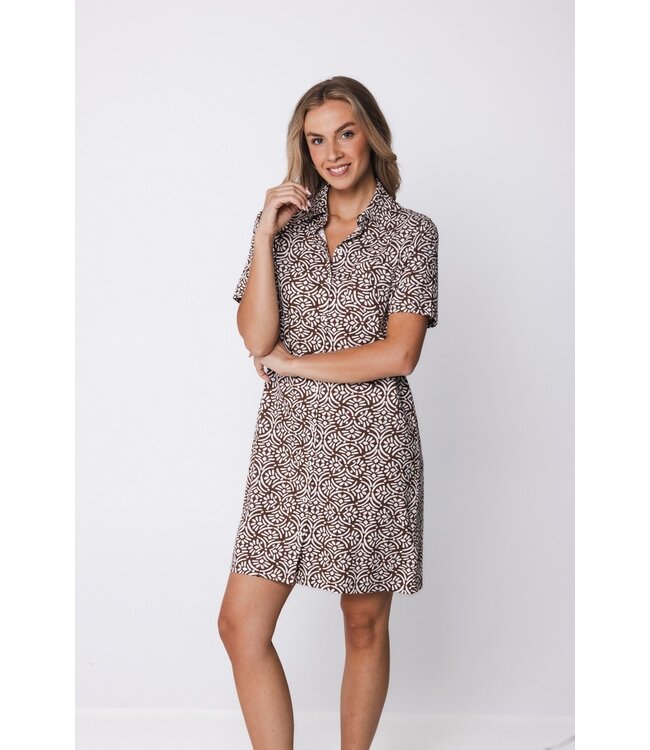 ladies short sleeve organic cotton full button nightdress aztec flower