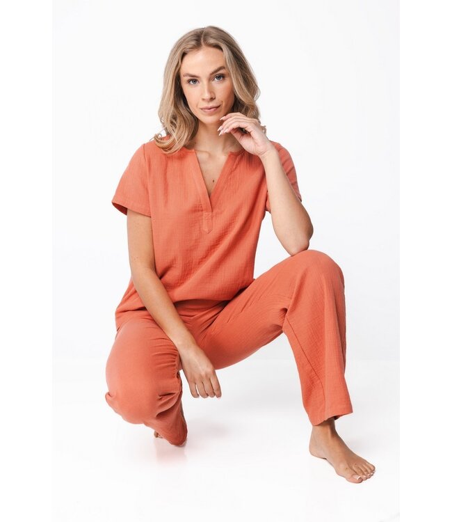 oranje, katoenen dames home-lounge huispak met korte mouw Home Comfort