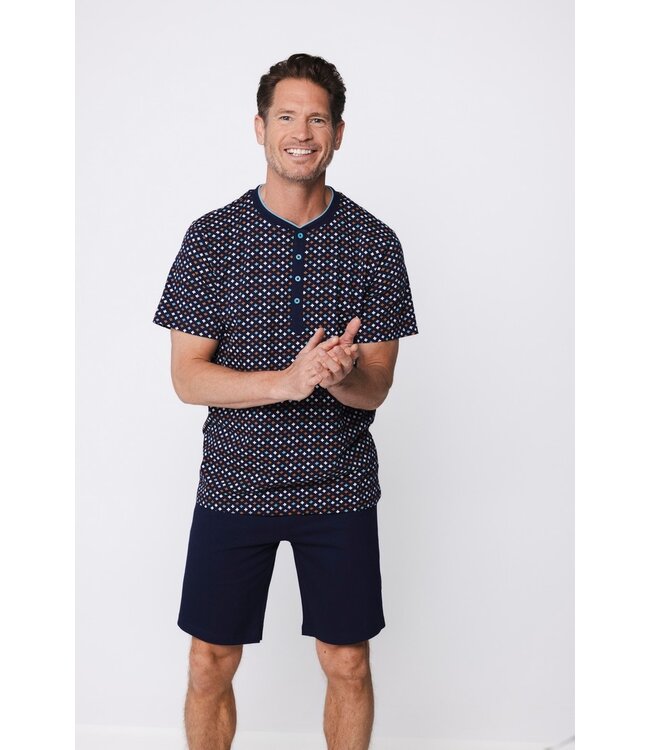 blauwe katoenen heren shortama met knopen Groovy Geometric