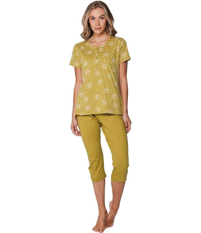 green short sleeve organic pyjama with buttons dotty sunflower