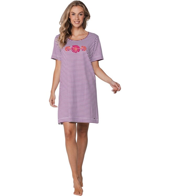 ladies short sleeve organic cotton nightdress stripey coral flowers