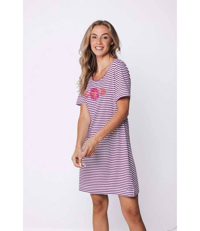 ladies short sleeve organic cotton nightdress stripey coral flowers