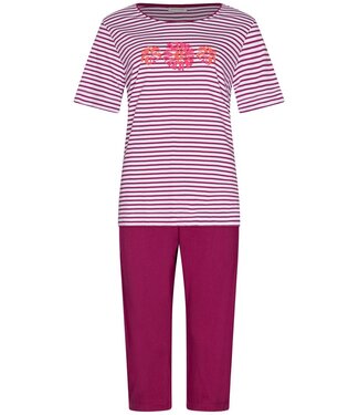 Pastunette ladies short sleeve organic cotton 3/4 pyjama stripey coral flowers