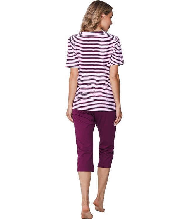 ladies short sleeve organic cotton 3/4 pyjama stripey coral flowers