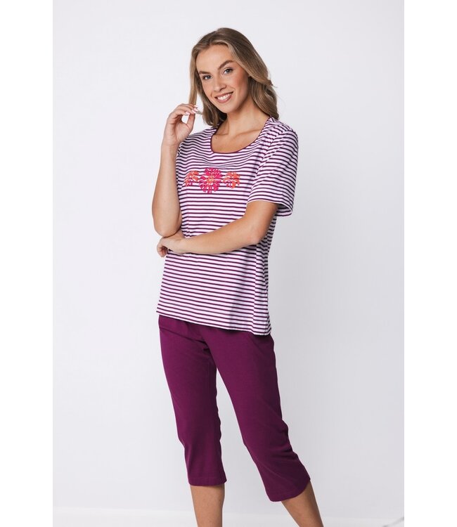 ladies short sleeve organic cotton 3/4 pyjama stripey coral flowers