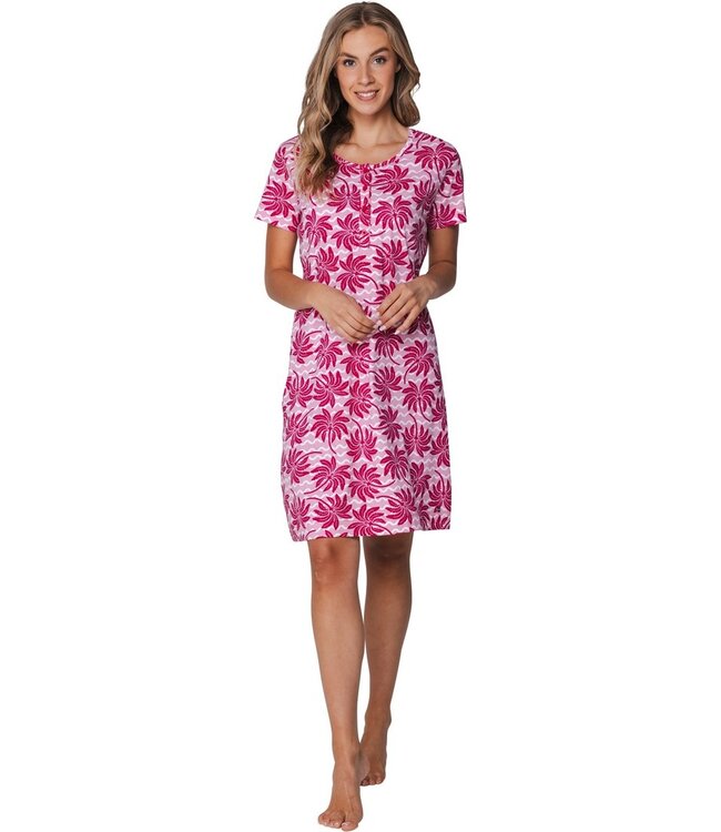 roze biologisch katoenen dames nachthemd korte mouw palm waves