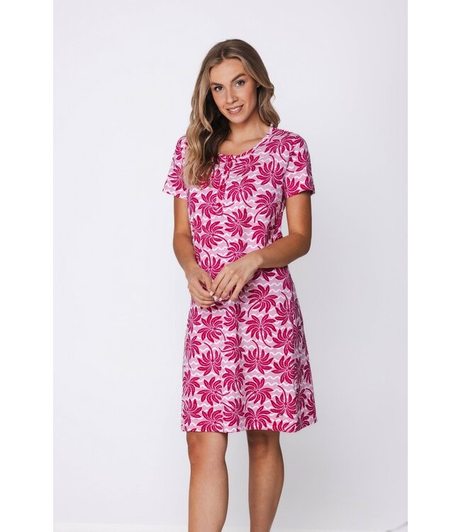 pink organic cotton short sleeve nightdress with buttons palm waves
