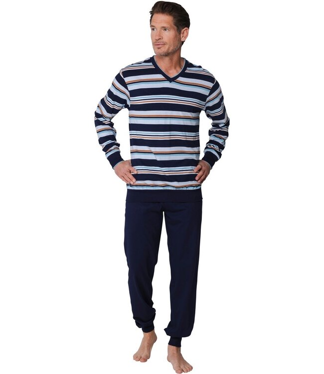 katoenen heren pyjama met v-hals en boorden Groovy Stripes