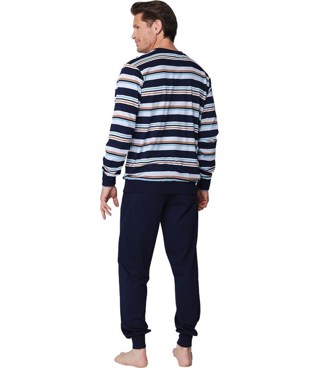 men's dark blue 'v' neck cotton pyjama set with cuffs groovy stripes