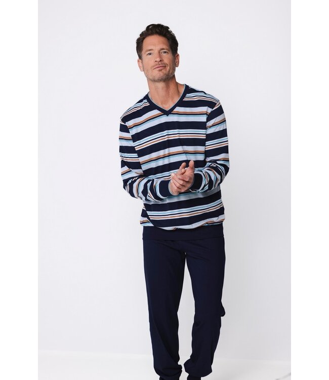 katoenen heren pyjama met v-hals en boorden Groovy Stripes