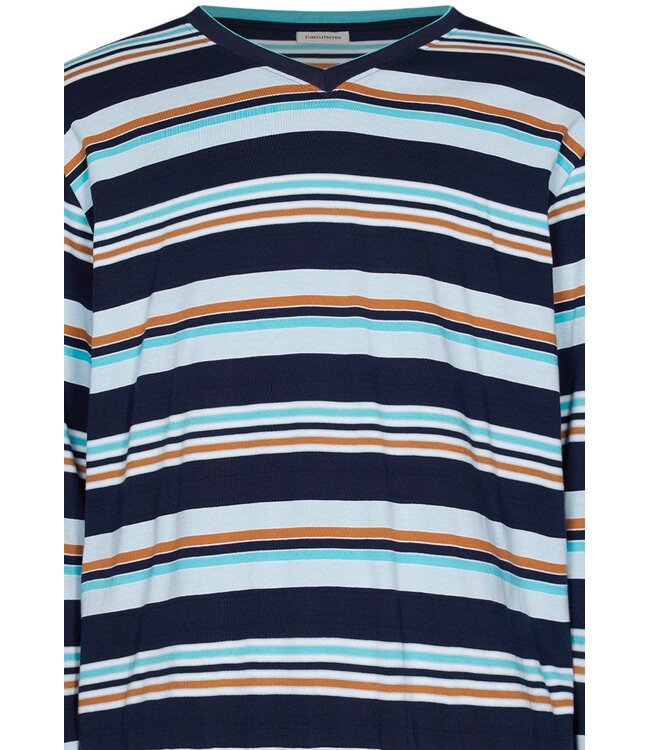 men's dark blue 'v' neck cotton pyjama set with cuffs groovy stripes